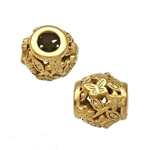 Stainless Steel Barrel Beads Butterfly Hollow Large Hole Gold Plated, approx 9-10mm, 4mm hole [SSB5016]