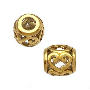 Stainless Steel Barrel Beads Heart Hollow Large Hole Gold Plated, approx 9-10mm, 4mm hole [SSB5018]