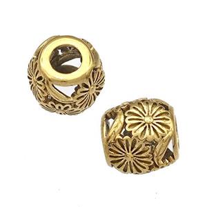 Stainless Steel Barrel Beads Flower Hollow Large Hole Gold Plated, approx 9-10mm, 4mm hole [SSB5027]