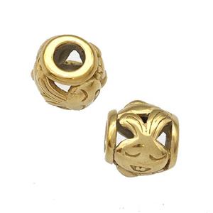 Stainless Steel Barrel Beads Rabbit Hollow Large Hole Gold Plated, approx 9-10mm, 4mm hole [SSB5047]