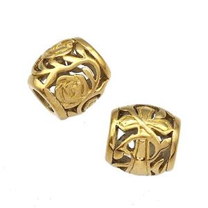 Stainless Steel Barrel Beads Flower Cross Hollow Large Hole Gold Plated, approx 9-10mm, 4mm hole [SSB5050]