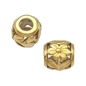 Stainless Steel Barrel Beads Flower Hollow Large Hole Gold Plated, approx 9-10mm, 4mm hole [SSB5054]