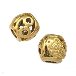 Stainless Steel Barrel Beads Fish Hollow Large Hole Gold Plated, approx 9-10mm, 4mm hole [SSB5056]