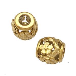 Stainless Steel Barrel Beads Flower Hollow Large Hole Gold Plated, approx 9-10mm, 4mm hole [SSB5059]
