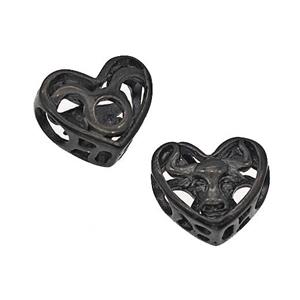 Stainless Steel Heart Beads Zodiac Taurus Large Hole Hollow Black Plated, approx 12mm, 4mm hole [SSB5066]