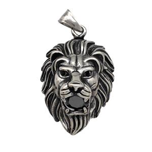 316 Stainless Steel Lion Pendant Pave Black Rhonestone Antique Silver, approx 28-38mm [SSB5225]