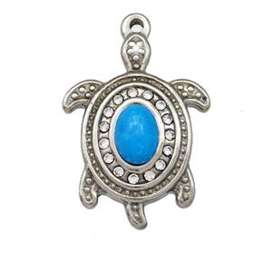 Raw Stainless Steel Tortoise Pendant Pave Blue Synthetic Turquoise Rhinestone, approx 20-27mm [SSB5270]