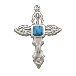 Raw Stainless Steel Cross Pendant Pave Blue Synthetic Turquoise, approx 33-40mm [SSB5280]