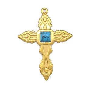 Stainless Steel Cross Pendant Pave Blue Synthetic Turquoise Gold Plated, approx 33-40mm [SSB5281]