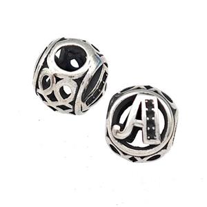 Stainless Steel Round Beads Letter-A Hollow Large Hole Antique Silver, approx 9-10mm, 4mm hole [SSB5462]