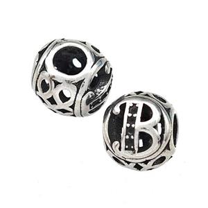 Stainless Steel Round Beads Letter-B Hollow Large Hole Antique Silver, approx 9-10mm, 4mm hole [SSB5463]