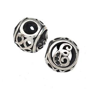 Stainless Steel Round Beads Letter-E Hollow Large Hole Antique Silver, approx 9-10mm, 4mm hole [SSB5466]