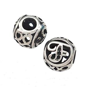 Stainless Steel Round Beads Letter-F Hollow Large Hole Antique Silver, approx 9-10mm, 4mm hole [SSB5467]