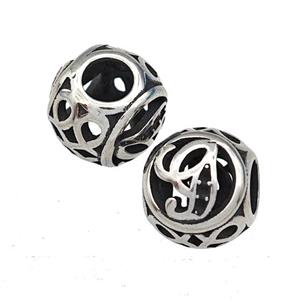 Stainless Steel Round Beads Letter-G Hollow Large Hole Antique Silver, approx 9-10mm, 4mm hole [SSB5468]