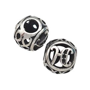 Stainless Steel Round Beads Letter-H Hollow Large Hole Antique Silver, approx 9-10mm, 4mm hole [SSB5469]