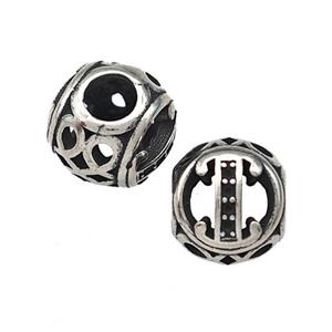 Stainless Steel Round Beads Letter-I Hollow Large Hole Antique Silver, approx 9-10mm, 4mm hole [SSB5470]