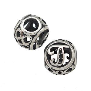 Stainless Steel Round Beads Letter-J Hollow Large Hole Antique Silver, approx 9-10mm, 4mm hole [SSB5471]