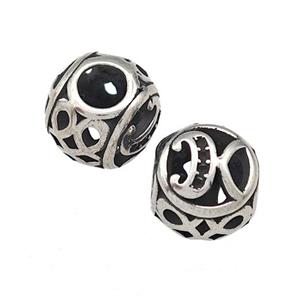 Stainless Steel Round Beads Letter-K Hollow Large Hole Antique Silver, approx 9-10mm, 4mm hole [SSB5472]