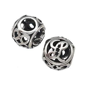 Stainless Steel Round Beads Letter-L Hollow Large Hole Antique Silver, approx 9-10mm, 4mm hole [SSB5473]