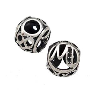 Stainless Steel Round Beads Letter-M Hollow Large Hole Antique Silver, approx 9-10mm, 4mm hole [SSB5474]