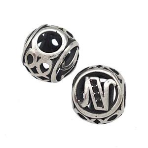 Stainless Steel Round Beads Letter-N Hollow Large Hole Antique Silver, approx 9-10mm, 4mm hole [SSB5475]
