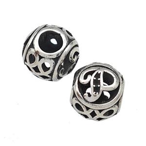 Stainless Steel Round Beads Letter-P Hollow Large Hole Antique Silver, approx 9-10mm, 4mm hole [SSB5477]