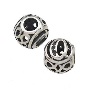 Stainless Steel Round Beads Letter-Q Hollow Large Hole Antique Silver, approx 9-10mm, 4mm hole [SSB5478]