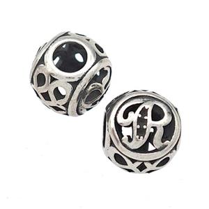 Stainless Steel Round Beads Letter-R Hollow Large Hole Antique Silver, approx 9-10mm, 4mm hole [SSB5479]