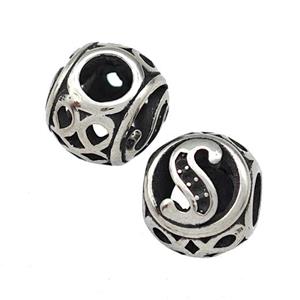 Stainless Steel Round Beads Letter-S Hollow Large Hole Antique Silver, approx 9-10mm, 4mm hole [SSB5480]