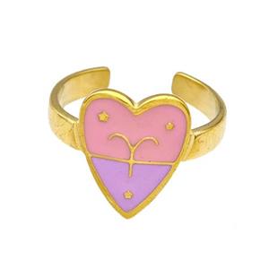Stainless Steel Heart Rings Zodiac Aries Pink Enamel Gold Plated, approx 12.5-15mm, 18mm dia [SSB5509]
