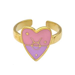 Stainless Steel Heart Rings Zodiac Taurus Pink Enamel Gold Plated, approx 12.5-15mm, 18mm dia [SSB5510]