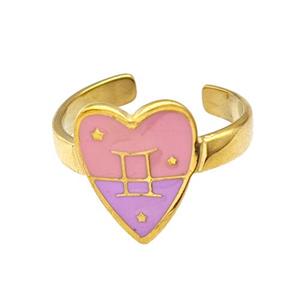Stainless Steel Heart Rings Zodiac Gemini Pink Enamel Gold Plated, approx 12.5-15mm, 18mm dia [SSB5511]