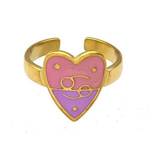 Stainless Steel Heart Rings Zodiac Cancer Pink Enamel Gold Plated, approx 12.5-15mm, 18mm dia [SSB5512]