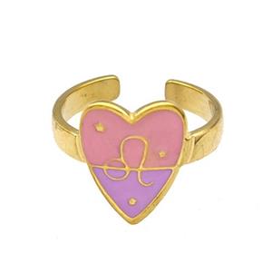 Stainless Steel Heart Rings Zodiac Leo Pink Enamel Gold Plated, approx 12.5-15mm, 18mm dia [SSB5513]