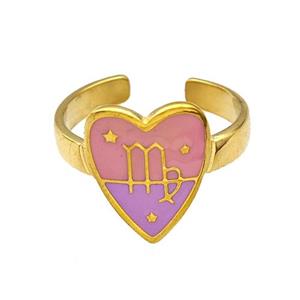 Stainless Steel Heart Rings Zodiac Virgo Pink Enamel Gold Plated, approx 12.5-15mm, 18mm dia [SSB5514]