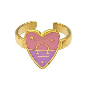 Stainless Steel Heart Rings Zodiac Libra Pink Enamel Gold Plated, approx 12.5-15mm, 18mm dia [SSB5515]