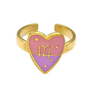 Stainless Steel Heart Rings Zodiac Scorpio Pink Enamel Gold Plated, approx 12.5-15mm, 18mm dia [SSB5516]