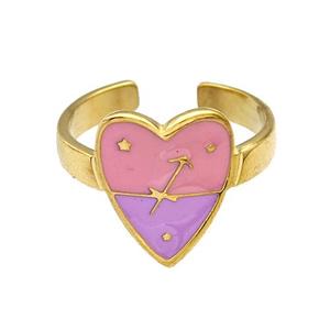 Stainless Steel Heart Rings Zodiac Sagittarius Pink Enamel Gold Plated, approx 12.5-15mm, 18mm dia [SSB5517]