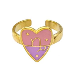 Stainless Steel Heart Rings Zodiac Capricorn Pink Enamel Gold Plated, approx 12.5-15mm, 18mm dia [SSB5518]