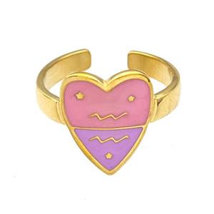 Stainless Steel Heart Rings Zodiac Aquarius Pink Enamel Gold Plated, approx 12.5-15mm, 18mm dia [SSB5519]