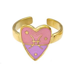 Stainless Steel Heart Rings Zodiac Pisces Pink Enamel Gold Plated, approx 12.5-15mm, 18mm dia [SSB5520]