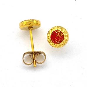 Stainless Steel Stud Earring Pave Red Fire Opal Gold Plated, approx 6mm [SSB5525]