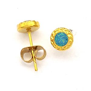 Stainless Steel Stud Earring Aqua Pave Fire Opal Gold Plated, approx 6mm [SSB5526]