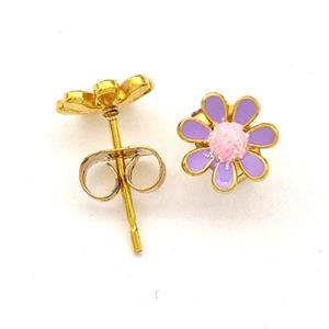 Stainless Steel Daisy Flower Stud Earring Pave Fire Opal Purple Enamel Gold Plated, approx 8mm [SSB5531]