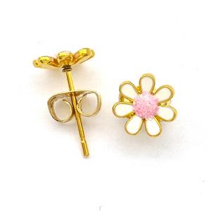 Stainless Steel Daisy Flower Stud Earring Pave Fire Opal White Enamel Gold Plated, approx 8mm [SSB5532]
