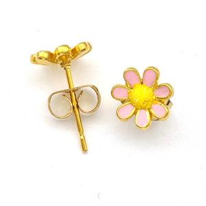 Stainless Steel Daisy Flower Stud Earring Pave Fire Opal Pink Enamel Gold Plated, approx 8mm [SSB5533]