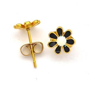 Stainless Steel Daisy Flower Stud Earring Pave Fire Opal Black Enamel Gold Plated, approx 8mm [SSB5535]