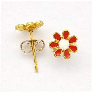 Stainless Steel Daisy Flower Stud Earring Pave Fire Opal Red Enamel Gold Plated, approx 8mm [SSB5536]