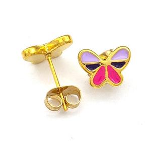 Stainless Steel Butterfly Stud Earrings Multicolor Enamel Gold Plated, approx 7-9mm [SSB5539]