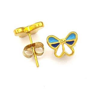 Stainless Steel Butterfly Stud Earrings Multicolor Enamel Gold Plated, approx 7-9mm [SSB5540]
